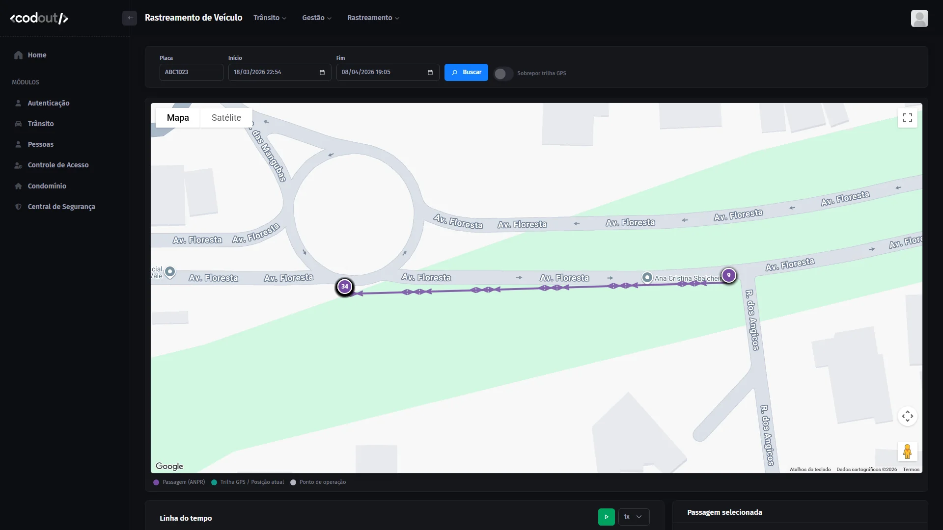 Tela de rastreamento do Loox: o trajeto de um veículo desenhado no mapa com marcadores numerados ligados por linhas com setas de direção, legenda de origem dos pontos e player de linha do tempo.